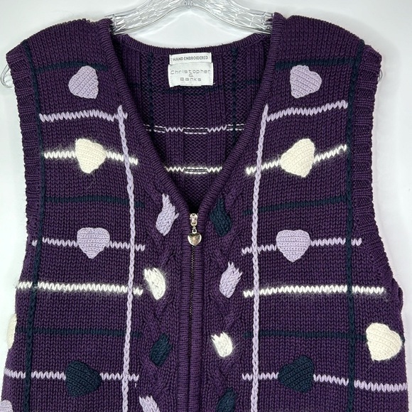 Christopher & Banks Hand Embroidered Purple Heart Zip Sweater Vest Large - Picture 2 of 6